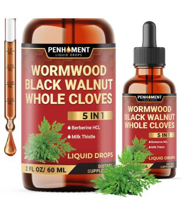 Penhoment 5in1 Wormwood Liquid Drops - Black Walnut Cloves Extract, Berberine, Milk Thistle - 2 Fl oz - 60 Days Supply