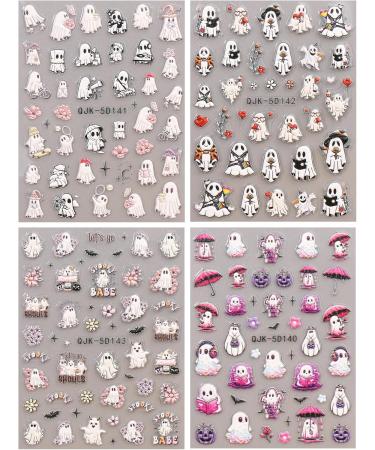 JMEOWIO 3D Embossed Halloween Nail Art Stickers Decals Self-Adhesive 5D Cute Ghost Pink Flower Nail Supplies Nail Art Design Decoration Accessories 4 Sheets - Buy Online on GoSupps.com