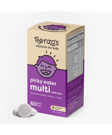 Renzo's Picky Eater Kids Multivitamin with Iron  Dissolvable Multivitamin for Kids  Sugar Free Apple Flavored (60 Melty Tabs) Lil' Green Apple