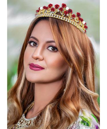 Red Rose Bridal Wedding Queen Crown Set - Gold Baroque Princess Tiara with Pearls, Crystals, and Rose Pendant - Ideal for Women and Girls - Buy Online on GoSupps.com
