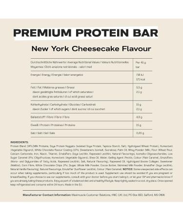 MaxiNutrition Premium Protein Bar - NY Cheesecake Flavor - High Protein Snack, Low Sugar, 15g Protein, Under 190 kcal - 12 x 45g - Buy Online on GoSupps.com