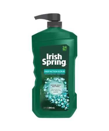 Irish Spring Deep Action Scrub Men's Face & Body Wash  Exfoliating Body Wash Scrubs Away Bacteria - 32 fluid ounce. Pump