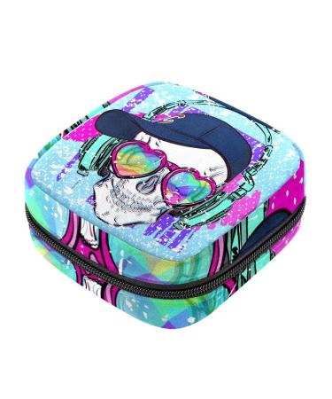 Menstruation pad bag with zipper women's napkin bag tampons collection bags for women and girls (skull headphones hat love heart glasses) Color 1