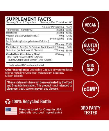 Oingo Cardio Care + Heart Health Formula Nitric Oxide Booster with Beet Root Powder Grape Seed Extract Taurine B Vitamins for Blood Flow & Blood Pressure Support Gluten Free 120 Veggie Capsules - Buy Online on GoSupps.com