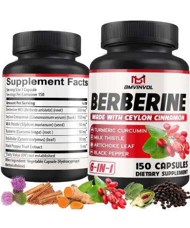 Berberine HCl 150 Capsules - Plus Ceylon Cinnamon Turmeric Milk Thistle Artichoke Black Pepper Berberine HCI Root Supplements Pills - Immune System