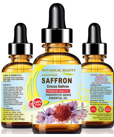 Botanical Beauty Saffron Oil (Kesar) Crocus Sativus Essential Oil 100% Natural for Face Skin Body Hair Nail Care Dried and Damaged Skin Aromatherapy 0.33 Fl Oz - 10 ml