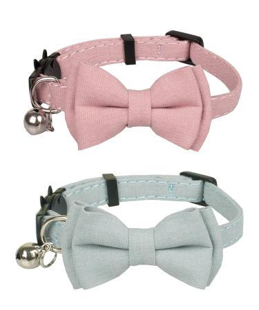 Gyapet Cat Collar Breakaway Bowtie Safety with Bell Adjustbale Kitten Puppy Solid Plaid Color Set A-2pcs Pink & Blue