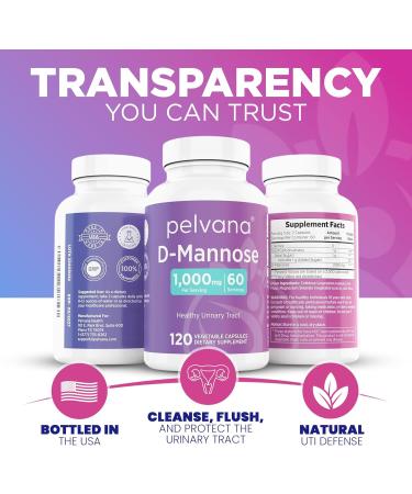 Pelvana D-Mannose 120 Capsules (500mg Each) 1000mg per Serving Assists & Maintains Healthy Urinary Tract Flushes Impurities Pure Ingredients Gluten-Free Third-Party Lab Tested Made in USA - Buy Online on GoSupps.com