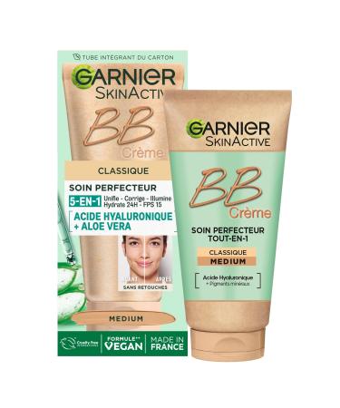 GARNIER Skin Active - BB Cream - All-In-1 Perfecting Treatment - Unifies Mattifies & Hydrates - SPF 25 - Hyaluronic Acid & Aloe Vera - Vegan & Cruelty Free - Combination to Oily Skin - Medium Shade - 50 ml