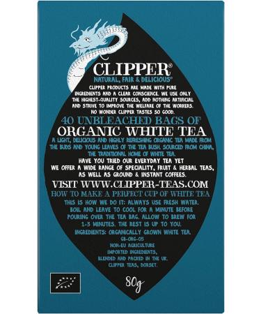 Clipper Organic White Tea Bags - 40 Natural Unbleached Biodegradable Teabags from China for Home/Office | Herbal Tea | Sustainable Plant-Based - Buy Online on GoSupps.com