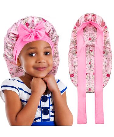Kids Long Satin Bonnets Sleep Cap Silky Braid Bonnet for Sleeping Girls with Tie Band Adjustable Sleep Satin Bonnet Cap Pink Long Satin Bonnets with Elastic Tie for Child Baby Girl Long Curly Hair