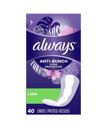 Always Anti-Bunch Xtra Protection, Panty Liners For Women, Light Absorbency, Long Length, Leakguard + Rapiddry, Unscented, 40 Count