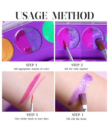 Glow Under UV Blacklight Face Paint - 10 Bright Colors Metallic Neon Palette Water-Based Makeup for Parties & Halloween - Includes Brushes for Kids & Adults - Buy Online on GoSupps.com