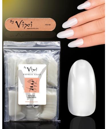 By Vixi 600 LONG OVAL NAIL SET with PREP FILE 10 Sizes - Opaque Express Full Cover False Fingernail Extensions for Salon Professionals & Home Use Oval Long