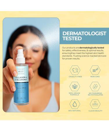 Clear Beauty Hyaluronic Acid & Collagen Face Mist - Dermatologist Tested, Moisturizes & Tones Skin, Anti-Aging, Natural Ingredients, Cruelty-Free, 95% Natural - All Skin Types - 4 OZ - Buy Online on GoSupps.com