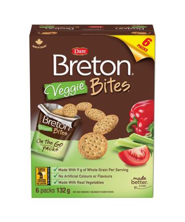 Breton Veggie Bites Snack Pack Crackers - Light Crispy and Bite-sized Snack Crackers made with 9g of Whole Grains and Real Vegetables 132g (6 Packs)