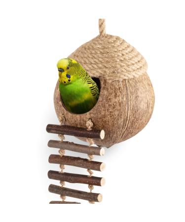 andwe Coconut Bird Nest Hut with Ladder for Parrots Parakeet Conures Cockatiel - Small Animals House Pet Cage Habitats Decor