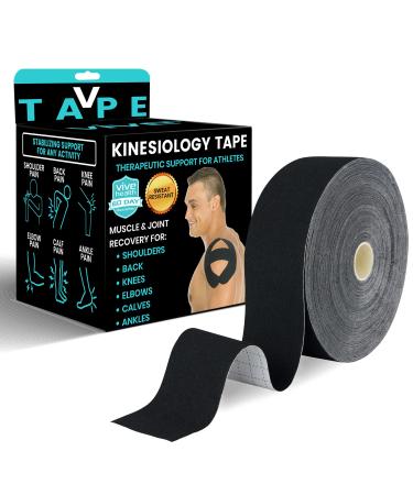 Vive Kinesiology Tape Roll - Kt Tape Precut Strips (2 x 16 Feet/20 Strips)  - Kinesio Sports Tape Athletic - Knee Shoulder Ankle Muscle K Tape Adhesive  Elastic Wrap - Body Kinetic Tape Waterproof 2 x 16' Black