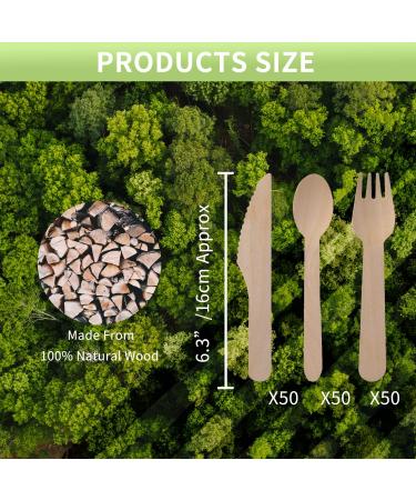 100% Natural Birch Wooden Cutlery Set 6'' Biodegradable Wood Utensils Set 150 Counts (50 Knives + 50 Forks + 50 Spoons) Disposable and Compostable Alternative to Plastic Cutlery 150PCS (50 Forks 50 Knives 50 Spoons) - Buy Online on GoSupps.com