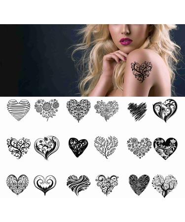 Tattoonova Heart 18 sheets Temporary Tattoos for Adults Men and Women Black and White All Kinds of Love Heart Tree Folwer Leaves Fake Tattoo Kits Sets For Neck Arm Hands Leg