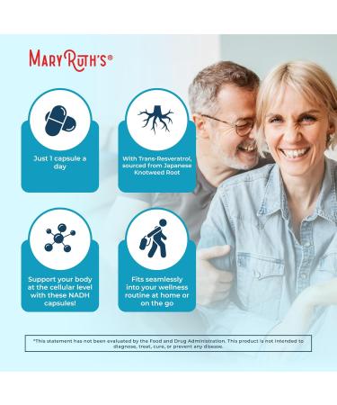 MaryRuth's NADH Capsules | Niacin | NAD+ Precursor | Trans-Resveratrol | CoQ10 | Cellular Energy | Energy Metabolism | Cognitive Function | Vegan | Gluten-Free | 1 Capsule Daily | 30 Servings - Buy Online on GoSupps.com