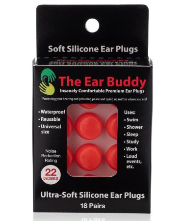 The Ear Buddy Soft Silicone Orange Ear Plugs - Moldable and Reusable Noise Reduction Earplugs for Sleeping  Work  Study  Concerts and Travel - Waterproof for Swimming - 18 Pairs - NRR 22 Decibels