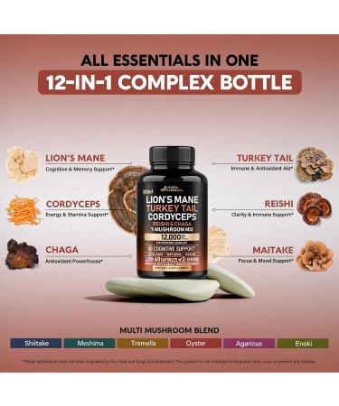 Mushroom Supplement - Organic Lions Mane | Turkey Tail | Chaga | Cordyceps | Reishi | Maitake | Shiitake | Meshima | Tremella | Oyster | Agaricus - Made in USA - Non GMO Gluten Free - 60 Capsules 60 Count (Pack of 1) - Buy Online on GoSupps.com