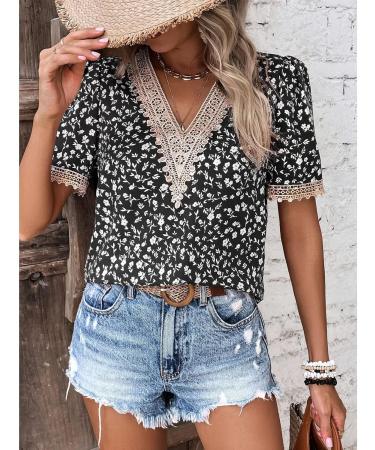 Naroote Womens Blouse Easy Matching Womens T Shirt Casual Lace Stitching Casual V-Neck for Beach XX-Large Black - Buy Online on GoSupps.com