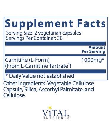 Vital Nutrients L-Carnitine Supplement - Cardiovascular & Fat Metabolism Support - 60 Vegetarian Capsules - 500mg - Buy Online on GoSupps.com