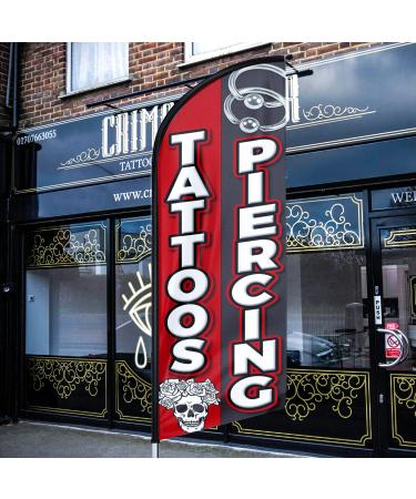 QSUM Tattoos and Piercing Themed Swooper Flag  11FT Tattoos and Piercing Advertising Feather Flag with Pole Kit  Ground Spike and Hand Bag  Tattoos and Piercing Banner Signs for Businesses and Storefronts