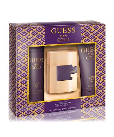 GUESS Gold Man Eau de Toilette 3 Piece Gift Set - Cologne Spray 2.5 Fl. Oz. Deodorizing Body Spray 6.0 Oz. & Shower Gel 6.7 Fl. Oz.