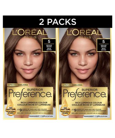 L'Oreal Paris Superior Preference Hair Dye Hair Color for Women 5 Medium Brown Hair Dye Permanent Hair Color 100% Grey Coverage 9 weeks of Luminous Fade-Defying 1 Hair Dye Kit (Pack of 2) (Packaging May Vary) Medium Copper Brown Brown