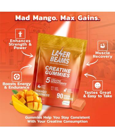 Laser Beams Creatine Monohydrate Gummies for Women & Men - 5g Creapure Creatine per Serving - Vegan, Mango Flavor - Boost Muscle Strength, Endurance, Recovery & Mental Focus (90 Gummies) - Buy Online on GoSupps.com