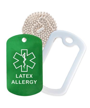 Latex Allergy Medical Alert ID Necklace with Green Tag White Silencer and 30'' USA Chain - 154 Color Choices White Green