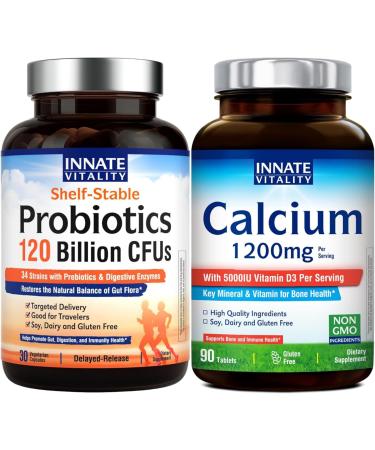Innate Vitality Digestive & Bone Support Bundle Multi-Strain Probiotics with Enzymes & Prebiotics + Calcium 1200 mg with High-Potency Vitamin D3 for Daily Strength & Balance