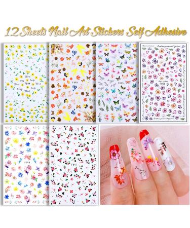Teenitor 3D Flower Nail Stickers Set with Glitter, Butterfly, Heart Sequins, and Nail Foil - 12 Self-Adhesive Sheets for Nail Art Decoration - Buy Online on GoSupps.com