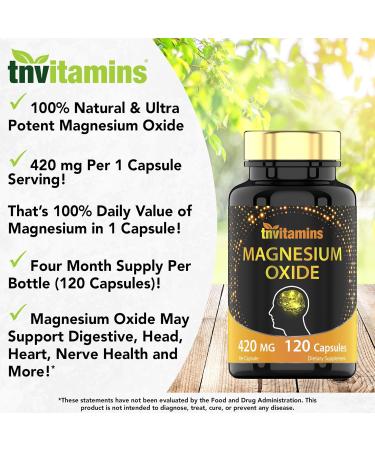 tnvitamins Magnesium Oxide 420mg - 120 Capsules | 4 Month Supply! | 100% Daily Value of Magnesium Oxide in One Capsule | Oxido de Magnesio | Non-GMO Made in The USA - Buy Online on GoSupps.com