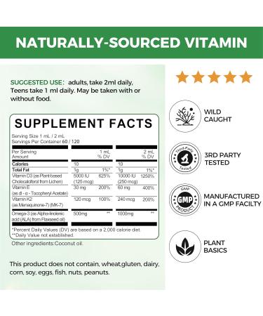 2 Pack Plant Vitamin D3 K2 Liquid 10000 IU w/ Vegan Omega-3 & Coconut MCT Oil - Maximum Strength Vitamin D Supplement No Fillers Non-GMO K2 as MK7 for Bones Muscles & High Absorption-2 Fl Oz 2 Fl Oz (Pack of 2) - Buy Online on GoSupps.com