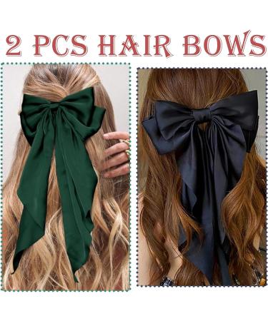 2 Pcs Big Hair bow Hair Bows for Women Bow Hair Clip Elegant Solid Color French Barrette Bows For Hair With Long Silky Satin Hair Barrettes Accessories Bow Hair Clips for Women Girls(Green+Navy) - Buy Online on GoSupps.com