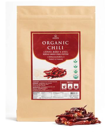 Homtiem Organic Jinda Dried Chili Peppers 4 Oz , The Secret of Spiciness and Flavor, Perfect for Tom Yum soup and Pad Thai. Great for Mexican Recipes, Europe Recipes and Asian Recipes (Mild Hot)