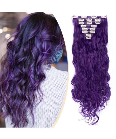 S-noilite Fashion 8 Piece Clip in Hair Extensions Long Full Head 18 Clips 24 inches Curly Black Purple Purple 24 Inch