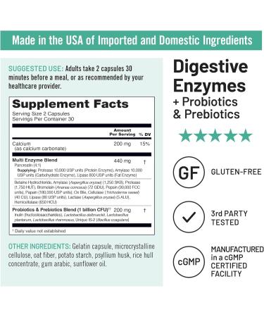 NatureWise Digestive Enzymes - Multi Enzymes with Probiotics + Prebiotics - Post Mealtime Comfort & Bloating Support + Aids Digestion and Gut Health - Soy-Free Non-GMO - 60 Capsules 1-Month Supply  - Buy Online on GoSupps.com