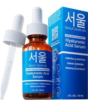 SeoulCeuticals Korean Hyaluronic Acid Serum For Face - High Molecular Weight & Low Molecular Weight Hyaluronic Acid - Centella Serum + Propolis. 1oz