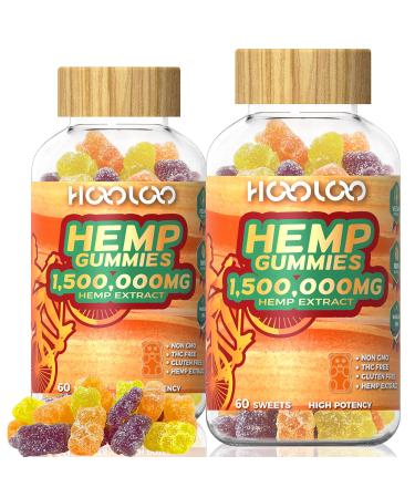 Hemp Gummies, HOOLOO Hemp Gummy Bears Infused Hemp Oil & Vitamins Extra Strength 1,500,000mg for Relax, Sleep, Reduce Stress & Anxiety, Vegan, Made in USA 60 Count (Pack of 2) Grape,orange,peach