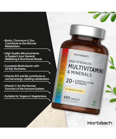 Multivitamins and Minerals 450 Vegan Tablets with 20+ Essential Active Nutrients Multivitamin & Mineral Tablets for Men and Women from Horbaach - Buy Online on GoSupps.com