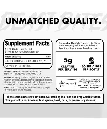 BEAST BITES Creatine Monohydrate Powder - for Men and Women - 5g Creapure Creatine Support Muscle Mass Strength and Cognitive Function - Made in USA - Unflavored - 300 Grams - 60 Servings - Buy Online on GoSupps.com