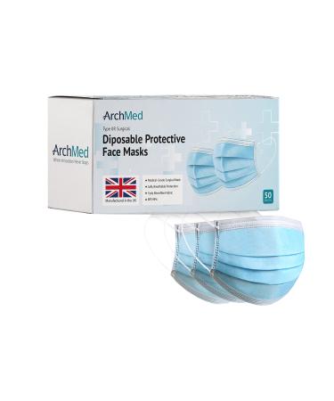 Archmed 3-layer face masks-Made in Great Britain-Type 2R disposable surgery masks made of polypropylene IIR2-EN14683 Standards-UK Type 2R-3-layer filter security (50 pieces)