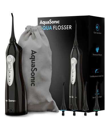 Aquasonic Aqua Flosser - Professional Rechargeable Water Flosser with 4 Tips - Oral Irrigator w/ 3 Modes - Portable & Cordless Flosser - Kids and Braces - Dentist Recommended Black