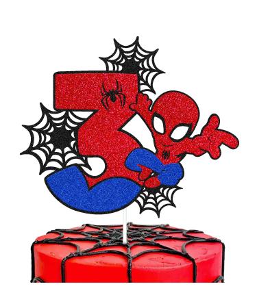 Spider 3rd Birthday Cake Topper Spider Cartoon Movie Themed Happy 3s Birthday Cake Decorations for Men Boy Children three Bday Party Supplies Double Sided Glitter Black Décor