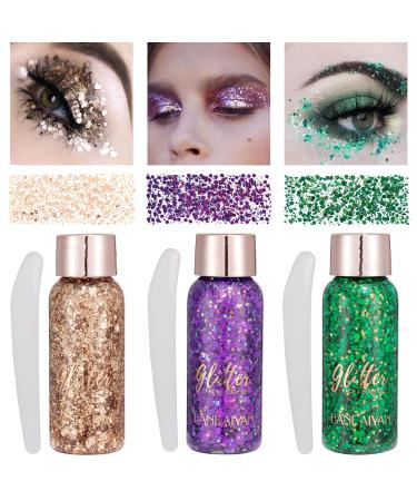 Body glitter gel glitter liquid face body glitter gel festival glitter mermaid sequins chunky glitter Liquid face hair make-up long loading sparkling with 1 spoon brown+purple+green